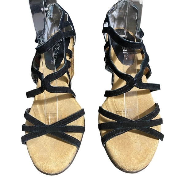 Black Suede Aerosols Broomstick Strappy Corkscrew Contrast Wedge Sandal SZ 6.5 - Picture 3 of 9